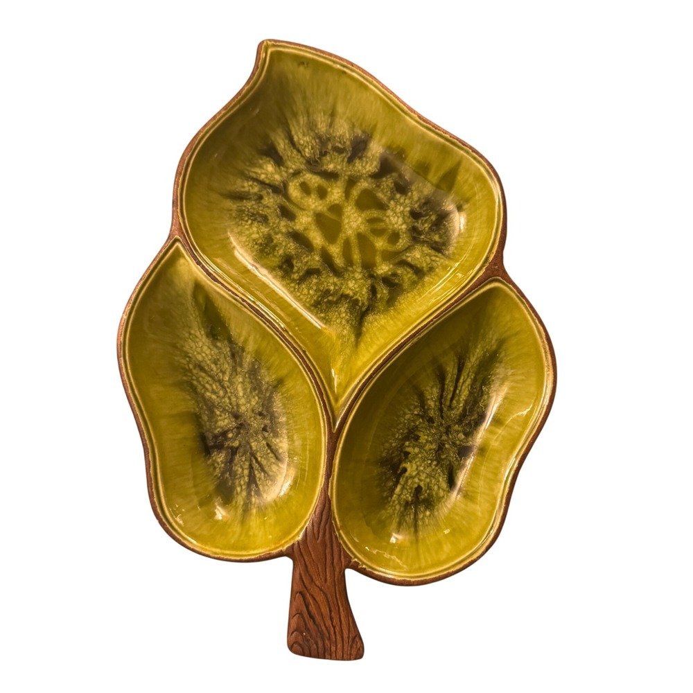 Vintage Treasure Craft No 378 Leaf Divided Serving Dish Avocado Green USA